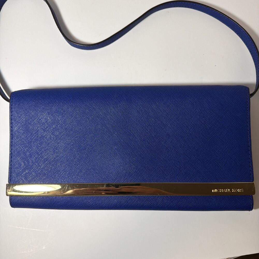 Michael Kors Tilda Clutch Purse Cadet Blue Leather Wallet Shoulder Bag Evening